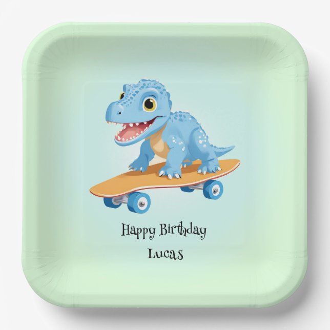 Plato De Papel Funny dinosaur Skateboard Birthday party DIY Nombr (Anverso)