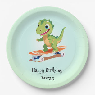 Plato De Papel Funny dinosaur Skateboard Birthday party DIY Nombr