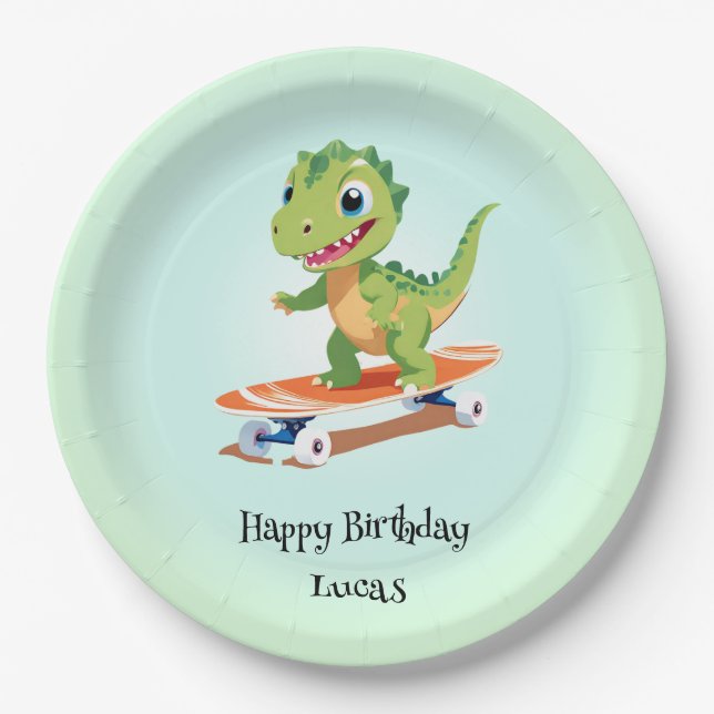Plato De Papel Funny dinosaur Skateboard Birthday party DIY Nombr (Anverso)