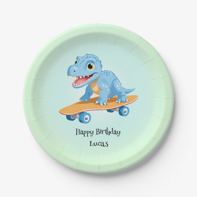 Plato De Papel Funny dinosaur Skateboard Birthday party DIY Nombr (Anverso)
