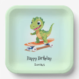 Plato De Papel Funny dinosaur Skateboard Niños de fiesta de cumpl