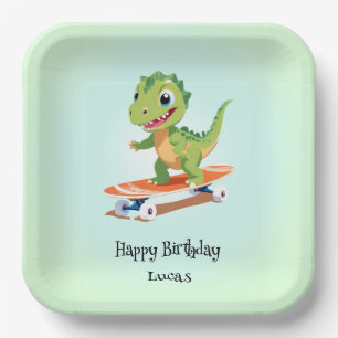 Plato De Papel Funny dinosaur Skateboard Niños de fiesta de cumpl