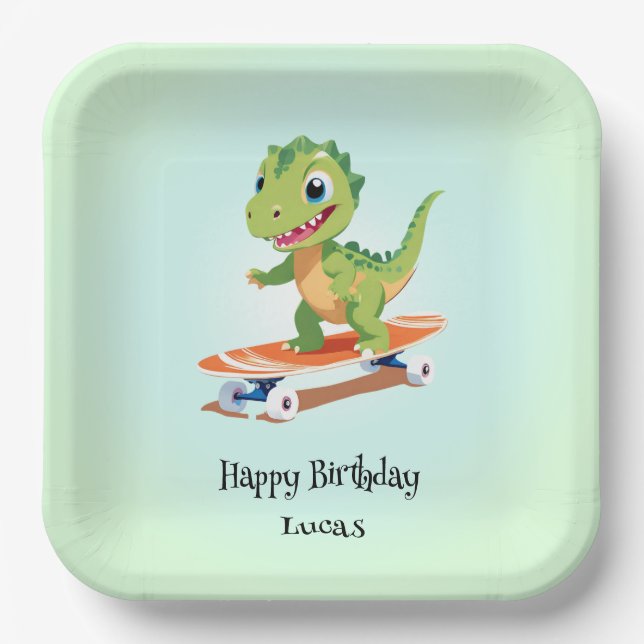 Plato De Papel Funny dinosaur Skateboard Niños de fiesta de cumpl (Anverso)