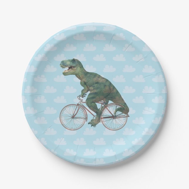 Plato De Papel Funny Dinosaur TRex Ciclismo en bicicleta  (Anverso)