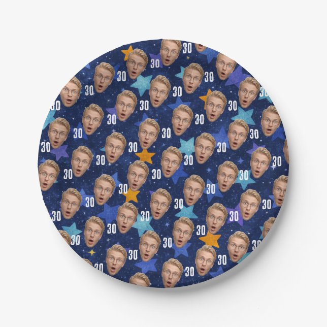 Plato De Papel Funny Face Personalized Photo Blue Party (Anverso)