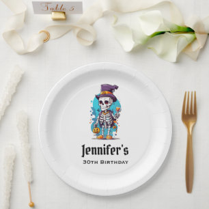 Plato De Papel Funny Halloween Skeleton con cumpleaños Top Hat