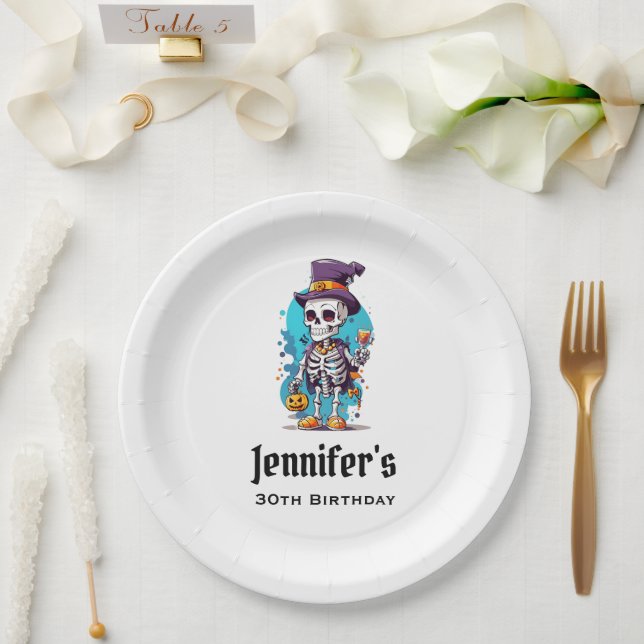 Plato De Papel Funny Halloween Skeleton con cumpleaños Top Hat (Boda)