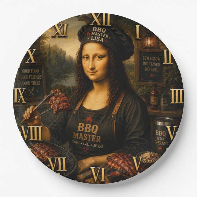 Plato De Papel Funny Mona Lisa BBQ Master Barbecue Grill Decor (Anverso)
