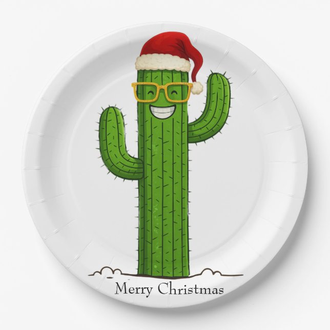 Plato De Papel Funny Navidades Cactus con Santa Hat y Glasses (Anverso)