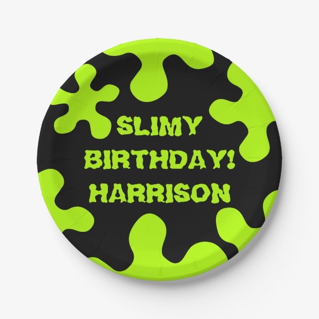 Plato De Papel Funny neon green slime nombre personalizado cumple (Anverso)