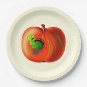 Plato De Papel Funny Plates de papel con gusano feliz en la Apple