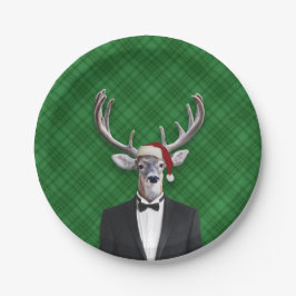 Plato De Papel Funny Santa Hat Navidades Deer Green Plaid