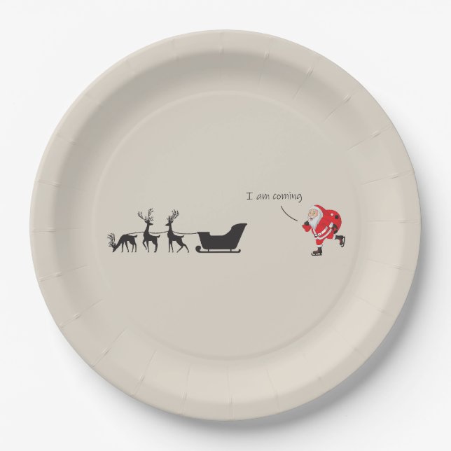 Plato De Papel Funny santa 'I am coming' for sleigh (Anverso)