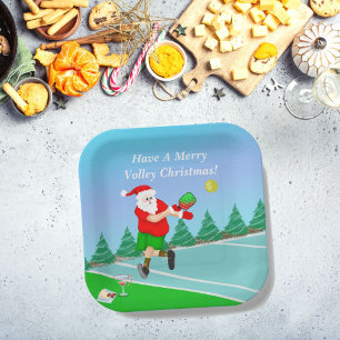 Plato De Papel Funny Santa Playing Pickleball Merry Volley Xmas