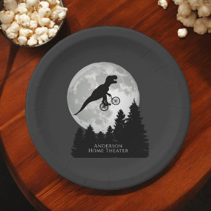 Plato De Papel Funny T-Rex volando en bicicleta y luna llena