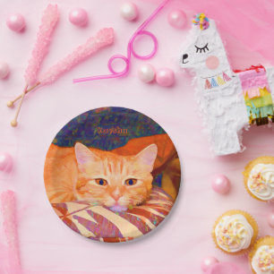 Plato De Papel Funny Tabby Cat Bright Naranja Cute