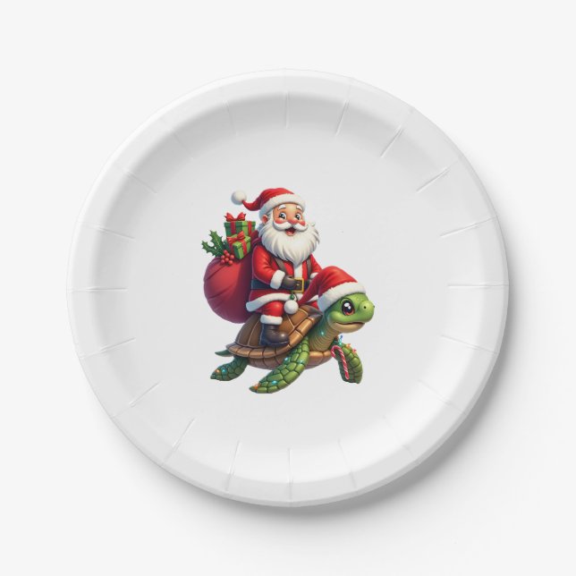 Plato De Papel Funny Turtle Christmas Santa Riding Sea Turtle Xma (Anverso)