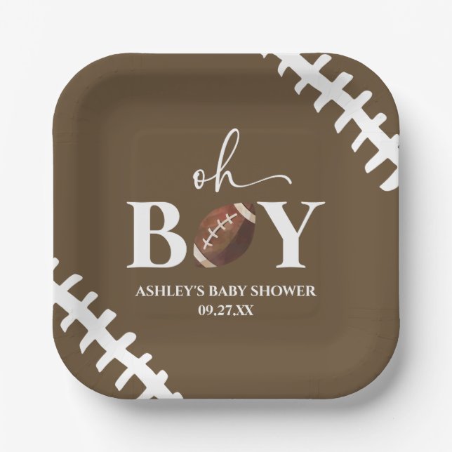 Plato De Papel Fútbol Oh Boy Brown White Baby Shower (Anverso)