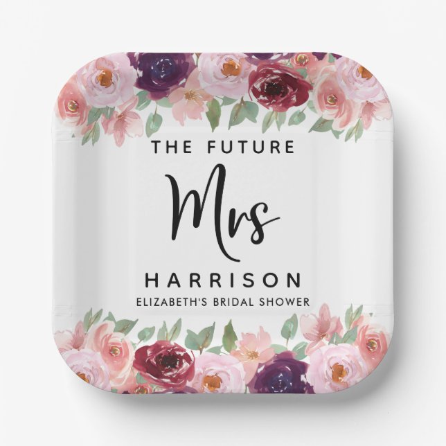 Plato De Papel Futuro Sra. Burgundy Floral Bridal Shower (Anverso)
