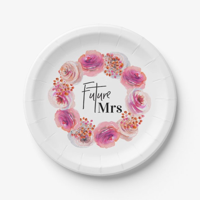Plato De Papel Futuro Sra. Pink Floral Bachelorette Bridal Shower (Anverso)