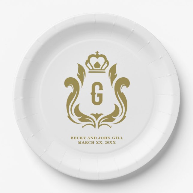 Plato De Papel G Crest dorado inicial monogramado (Anverso)