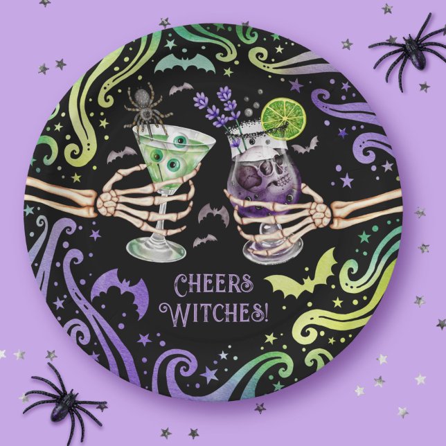 Plato De Papel Gafas de cócteles de Halloween de Chechequeo Witch (Cheers Witches Halloween Cocktail Glasses Paper Plates)