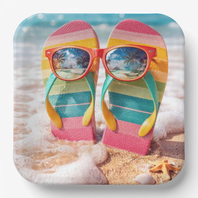 Plato De Papel Gafas de sol puestas Chanclas en arena de playa (Anverso)