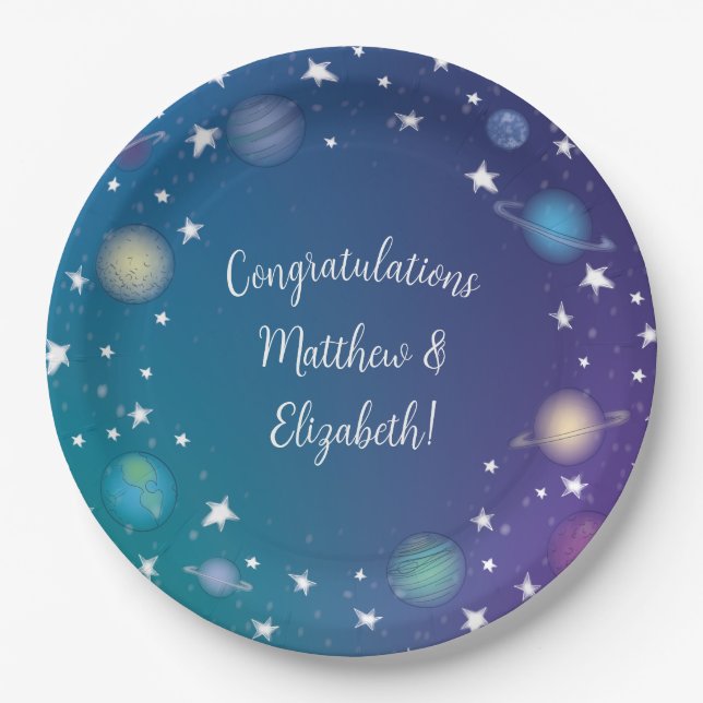 Plato De Papel Galaxia Baby Shower del espacio ultraterrestre (Anverso)