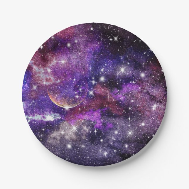 Plato De Papel Galaxia Violeta Vía Láctea Con Planeta (Anverso)