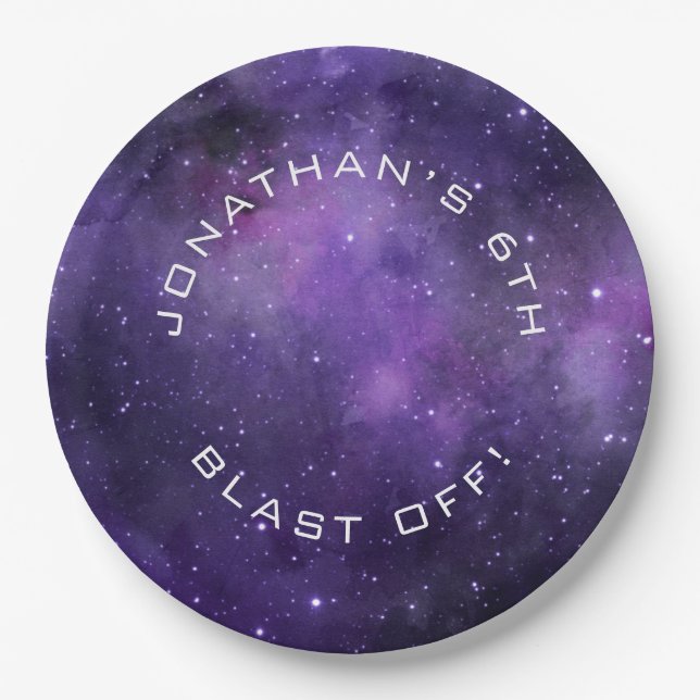 Plato De Papel Galaxy Birthday | Purple Space | Planetarium Party (Anverso)