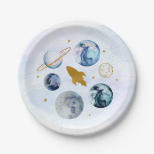 Plato De Papel Galaxy Blue Gold Space Cumpleaños