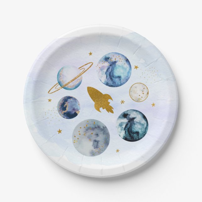 Plato De Papel Galaxy Blue Gold Space Cumpleaños (Anverso)