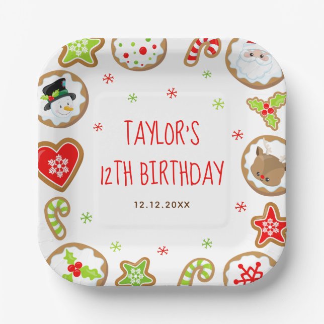 Plato De Papel Galletas de Navidad Cumpleaños Rojo y Verde (Anverso)