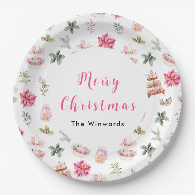 Plato De Papel Galletas de Navidad y Follaje Rosa (Anverso)
