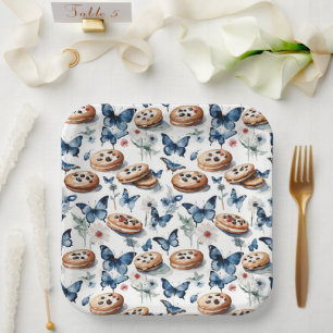 Plato De Papel Galletas de sandwich de chocolate y mariposas azul