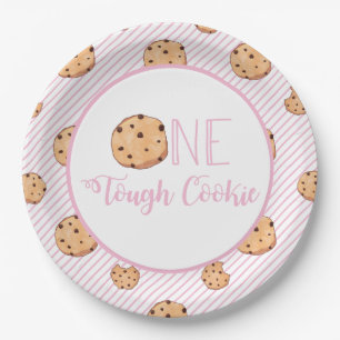 Plato De Papel Galletas One Tough Cookie y rayas rosadas Cumpleañ