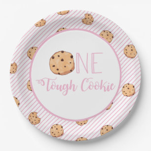 Plato De Papel Galletas One Tough Cookie y rayas rosadas Cumpleañ
