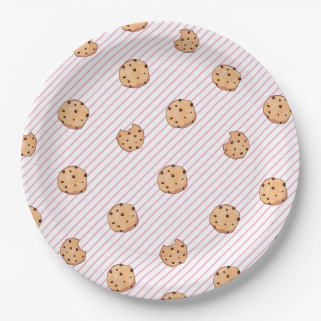 Plato De Papel Galletas Rayas rosadas Fiesta de cumpleaños (Anverso)