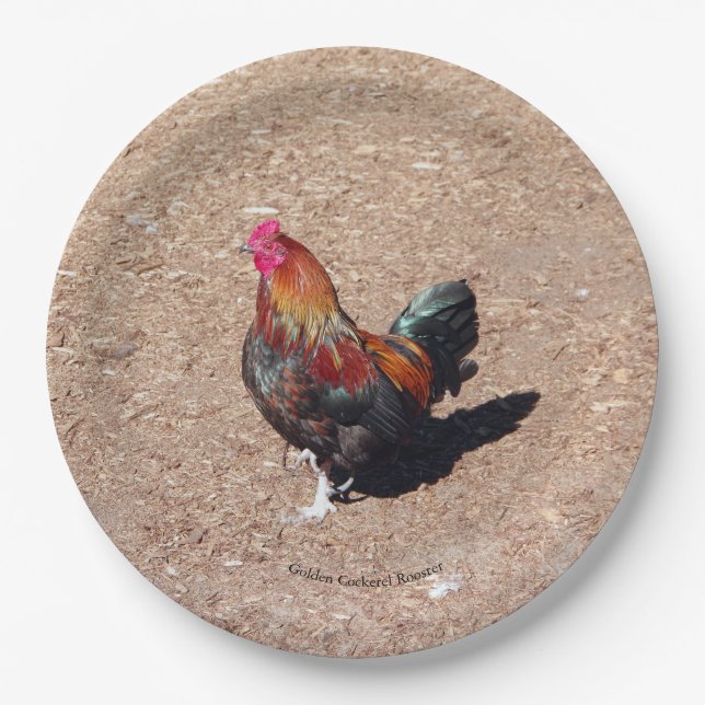 Plato de papel Gallo de Cockerel Dorado (Anverso)