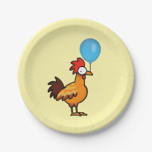 Plato De Papel Gallo de Dibujos Animados Sosteniendo Globo Azul