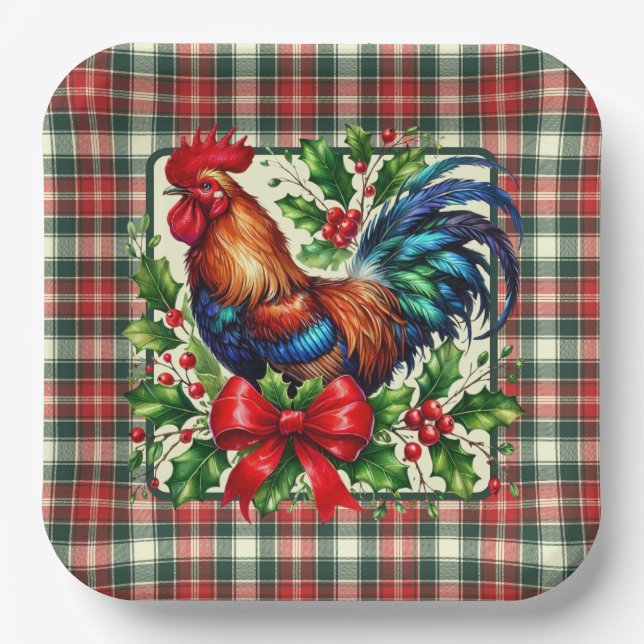 Plato De Papel Gallo de Navidad Verde Rojo (Anverso)