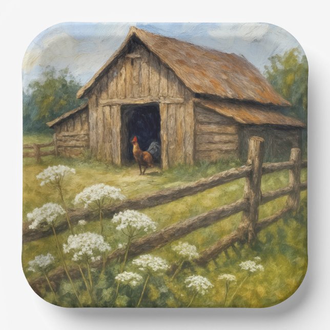Plato De Papel Gallo en un óleo de granja (Anverso)