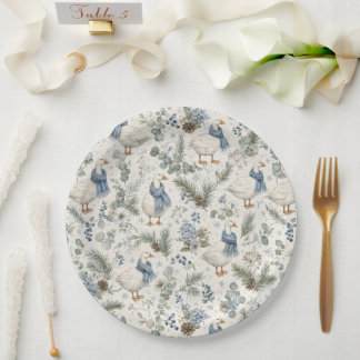 Plato De Papel Ganso azul de invierno Acuarela Navidad Fiesta