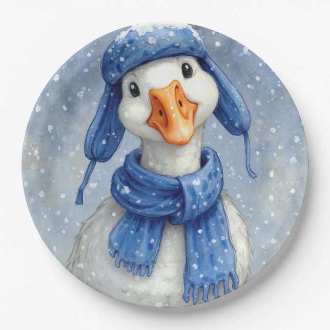 Plato De Papel Ganso blanco de Navidad con bufanda azul de invier (Anverso)