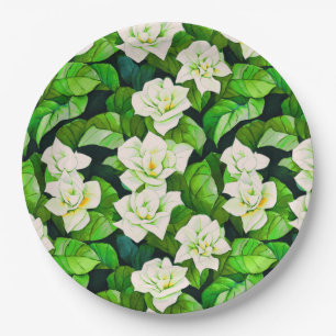 Plato De Papel Gardenias blancas y hojas verdes de jade