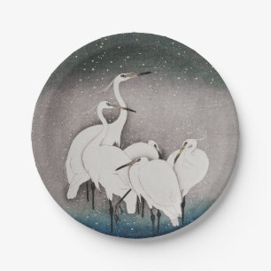 Plato De Papel Garzas Koson en la Nieve: Japón Vintage