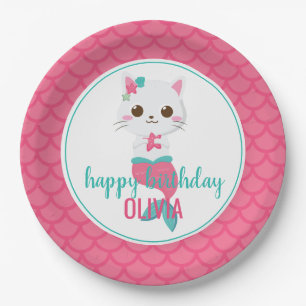 Plato De Papel Gatita Sirena Purpurina Cumpleaños Rosa