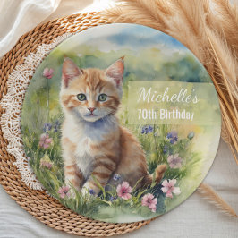 Plato De Papel Gatito Atigrado Naranja Amarillo Cumpleaños 70