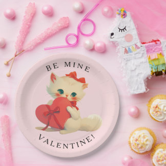 Plato De Papel Gatito Blanco Vintage Sé Mío San Valentín