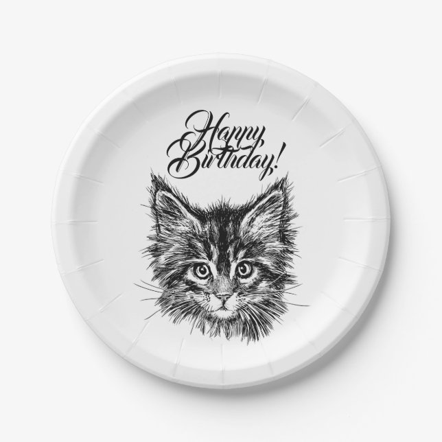 Plato De Papel Gatito blanco y negro enfrenta un cumpleaños feliz (Anverso)